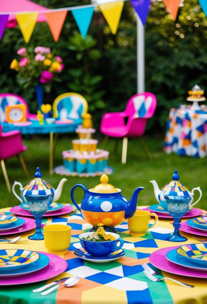 An 80s themed garden party with an Alice in Wonderland tea set, featuring vibrant colors, geometric patterns, and retro decor