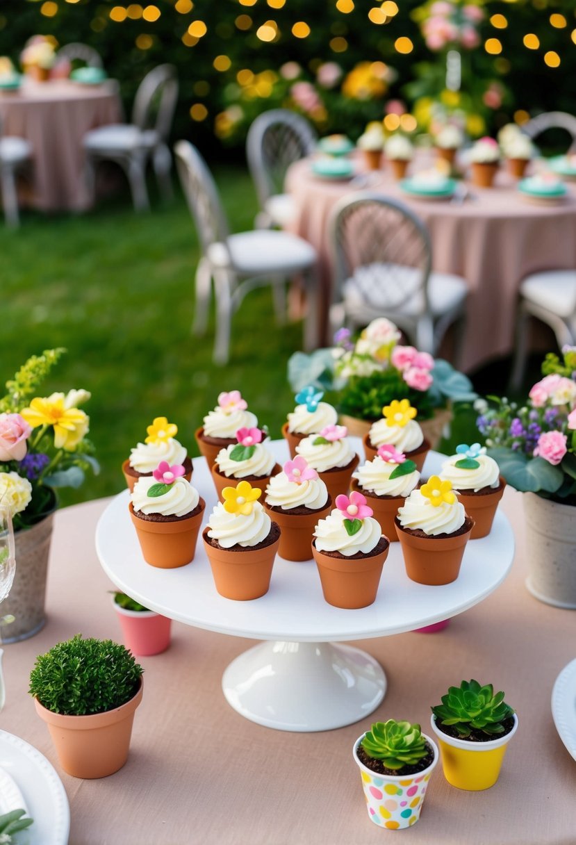 A table adorned with flower pot cupcakes, surrounded by garden-themed decor for a 90th birthday celebration