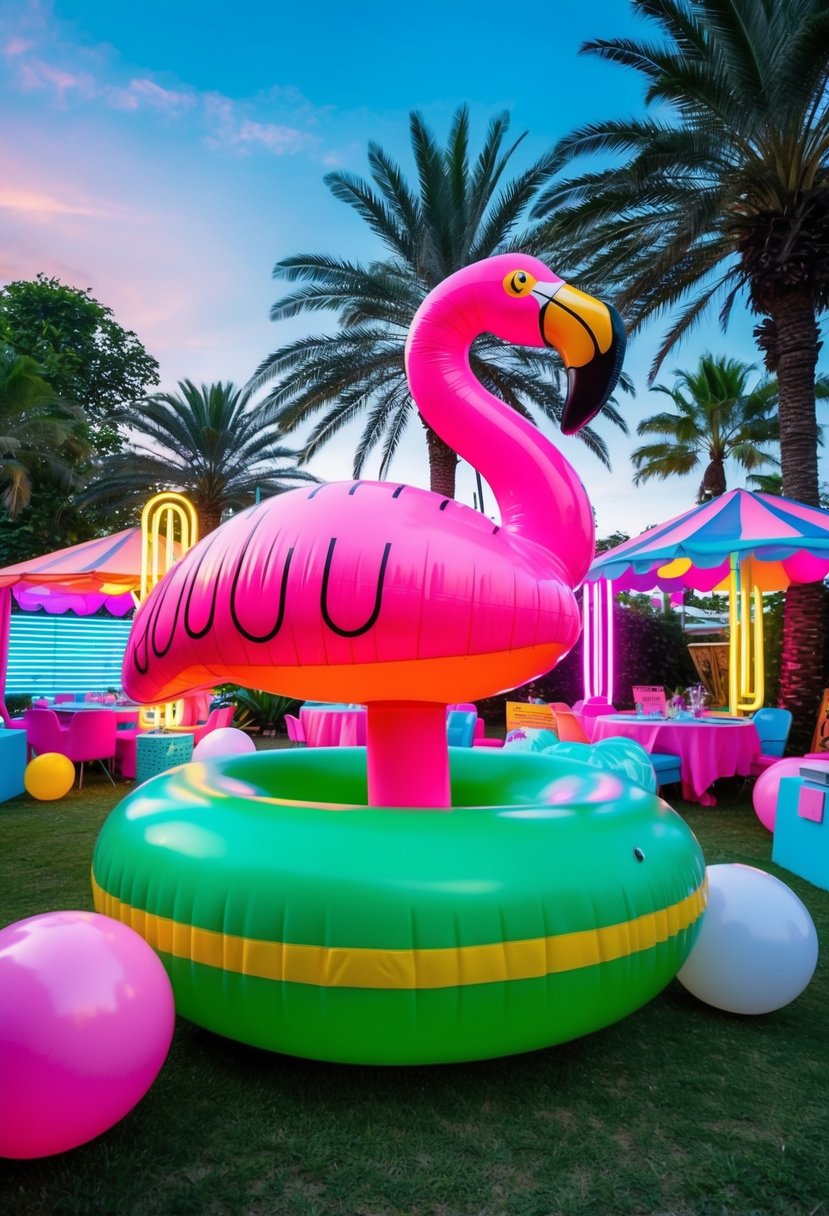 A Tropicana flamingo float surrounded by neon palm trees and retro decor at an 80s themed garden party
