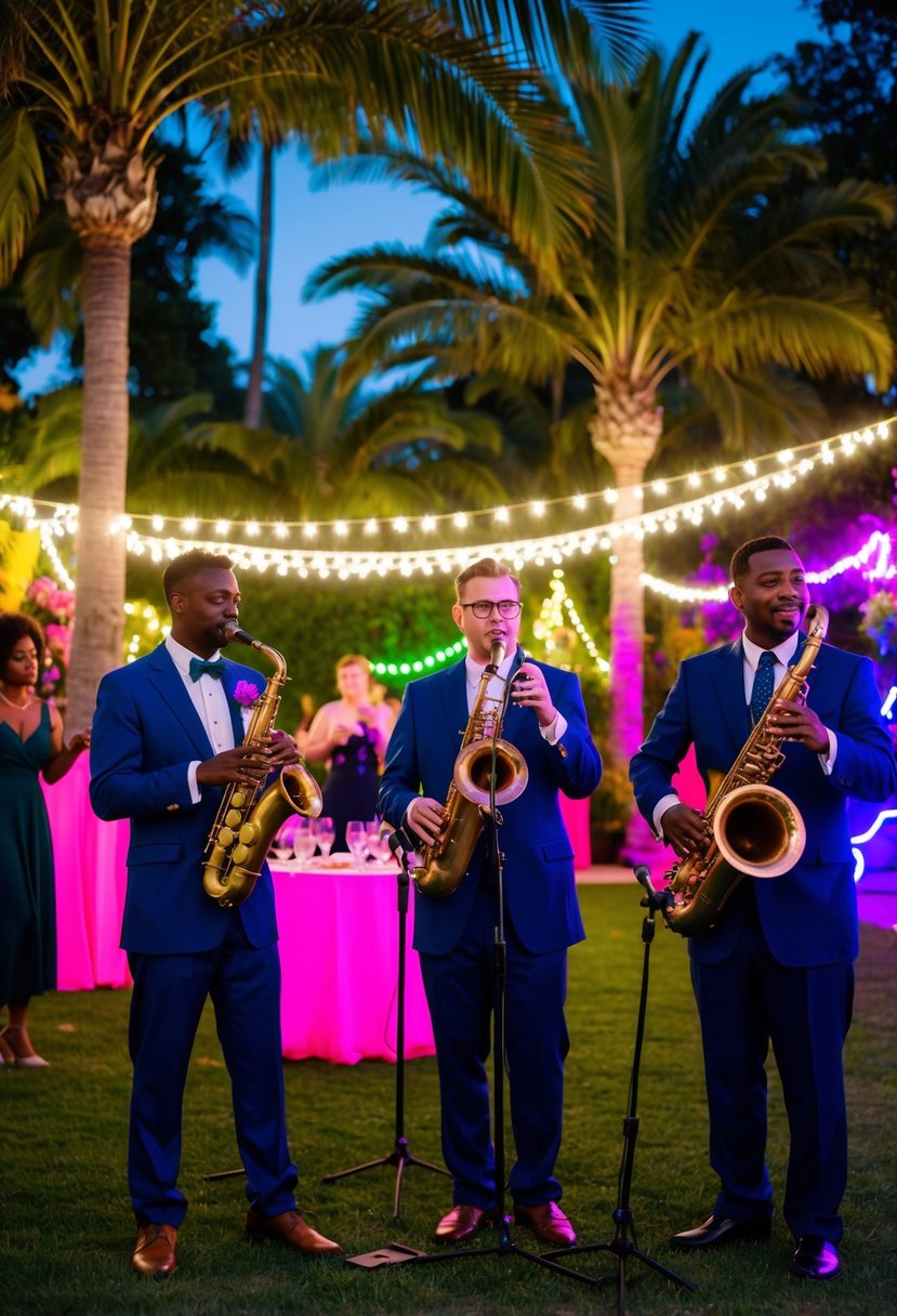 A vibrant garden party with neon lights, palm trees, and a jazz trio performing 80s renditions of Great Gatsby era music