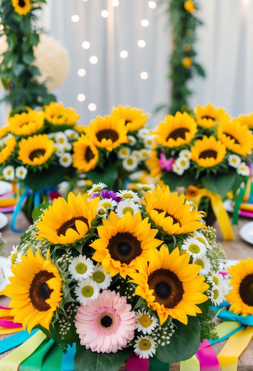 Vibrant sunflowers and delicate daisies arranged in a garden party setting with colorful ribbons and greenery