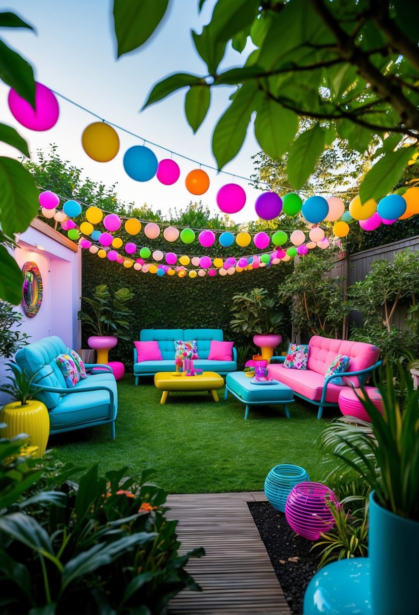 A serene Zen garden with vibrant 80s themed decorations, neon lights, and retro furniture for a garden party