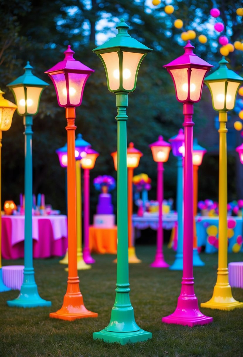 Narnia-inspired lampposts illuminate a whimsical 80s themed garden party with neon colors and retro decor