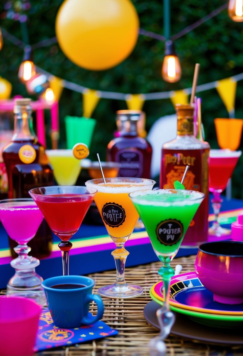 An 80s themed garden party with Harry Potter potion cocktails, neon lights, and retro decor