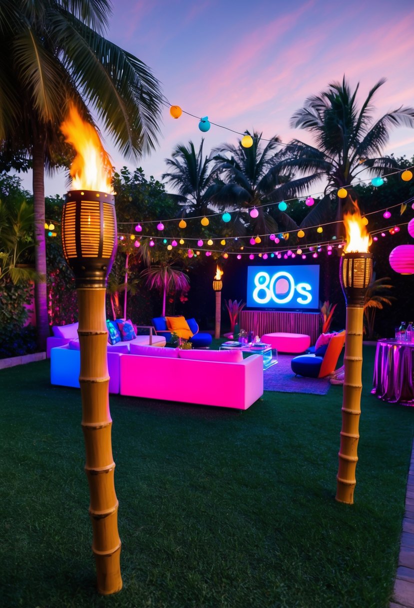 A backyard garden adorned with Bali bamboo torches illuminating an 80s themed party with neon lights, palm trees, and retro decor