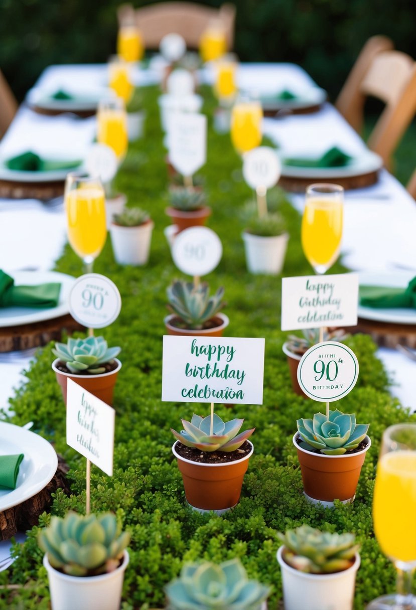 A garden table adorned with succulent party favors for a 90th birthday celebration