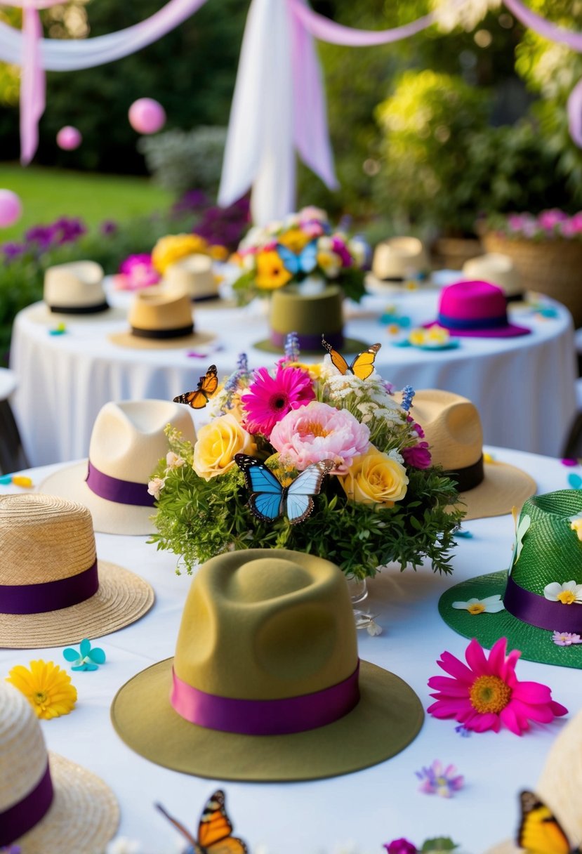 A table covered in garden-themed decorations for hats at a 90th birthday party. Flowers, butterflies, and ribbons are scattered around