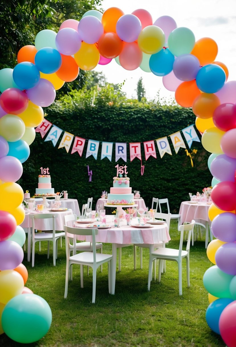A colorful balloon arch frames a garden party, celebrating a 1st birthday. Tables are adorned with pastel decorations and a large cake takes center stage