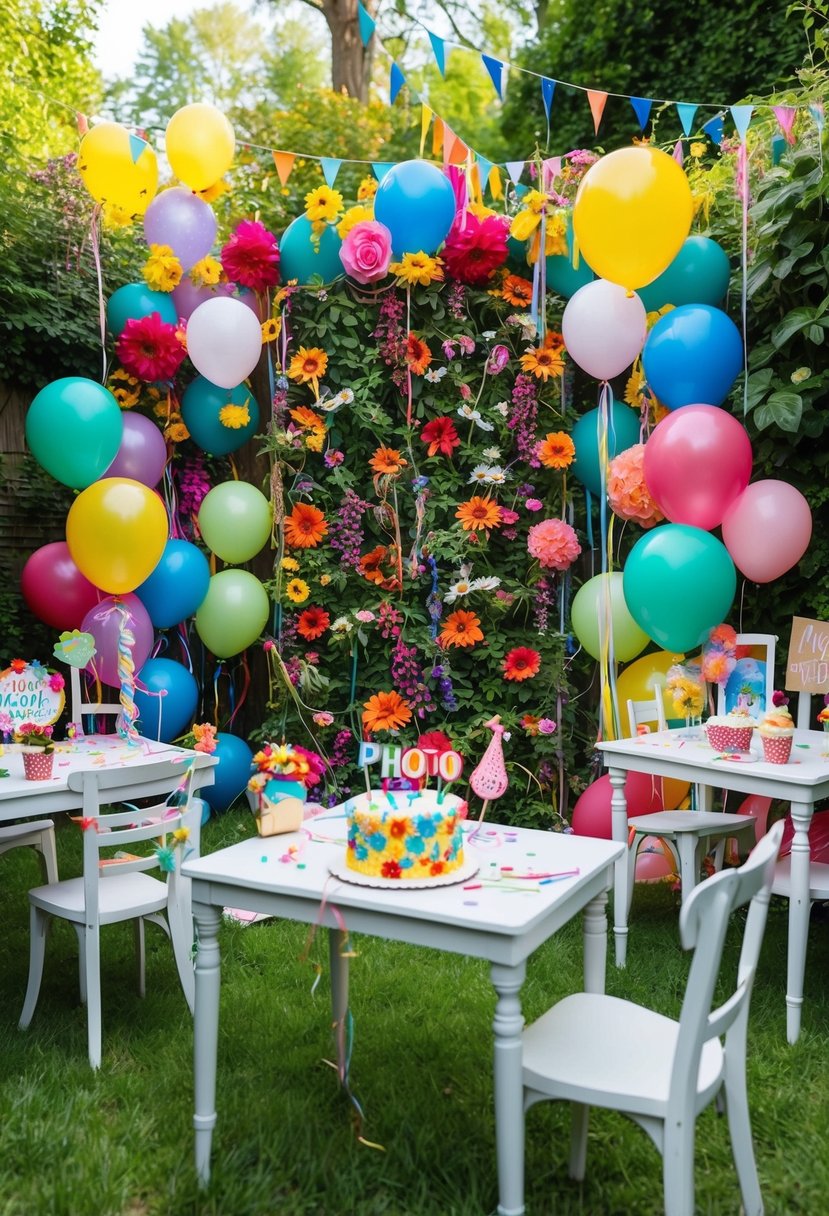 A colorful garden filled with balloons, streamers, and a homemade photo booth backdrop made of flowers and vines. Tables are adorned with DIY photo props and a cake for a 1st birthday celebration