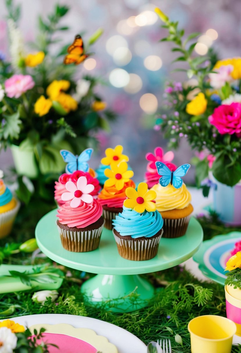 Colorful cupcakes with flower and butterfly decorations set on a garden-themed table with greenery and floral arrangements for a 1st birthday party