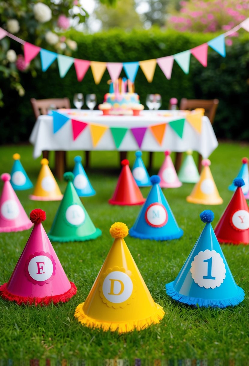 Colorful personalized party hats scattered on a lush green lawn, surrounded by blooming flowers and bunting, with a festive table set for a 1st birthday celebration