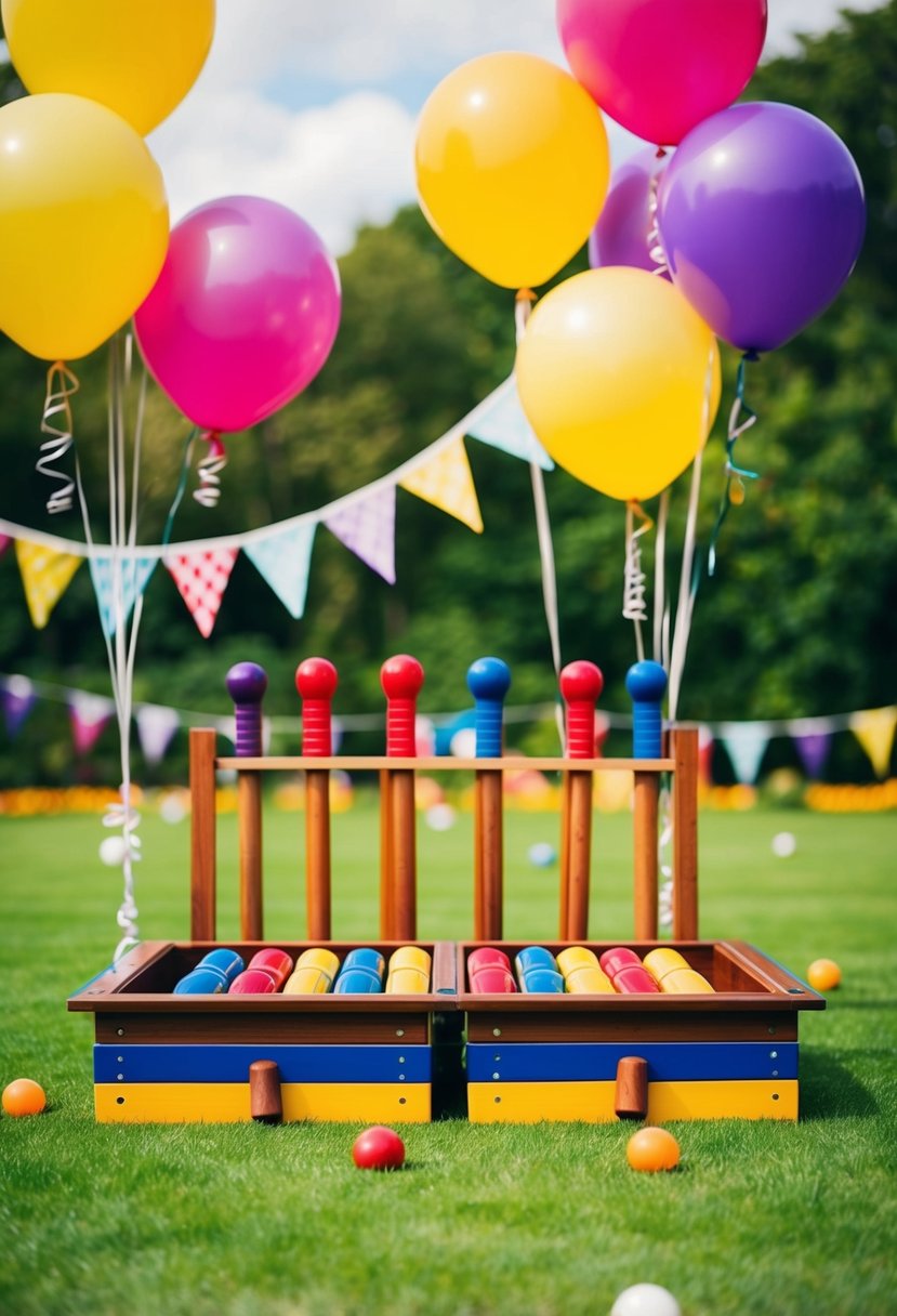 A colorful croquet set arranged on a lush green lawn, surrounded by brightly colored balloons and bunting, with a festive atmosphere