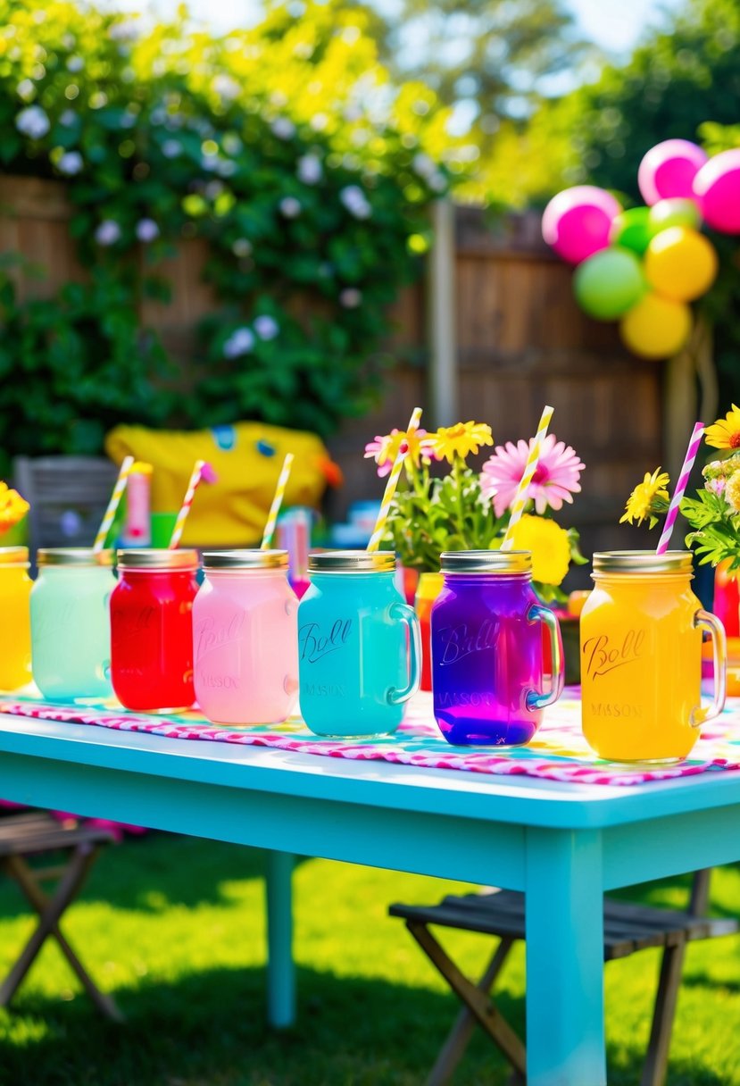 A sunny garden with colorful mason jar drinks on a table, surrounded by flowers and playful decorations for a 3-year-old's party