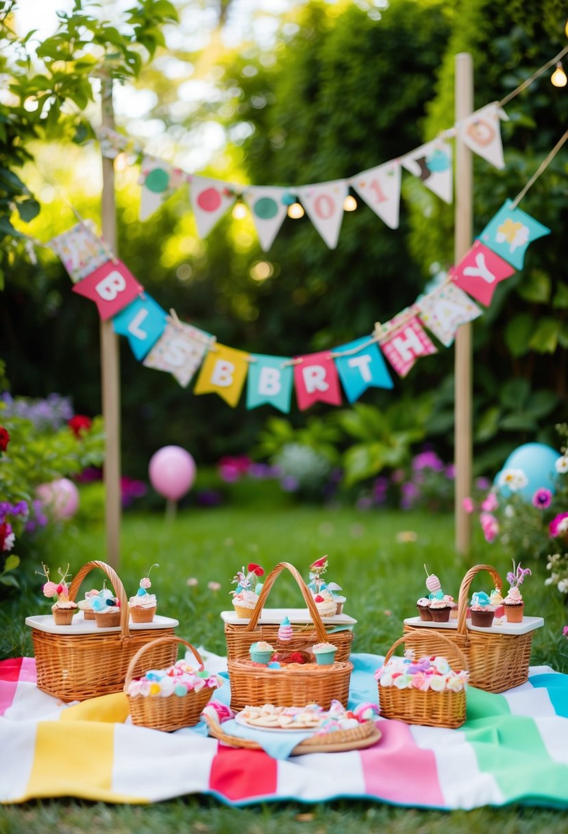 A lush garden setting with colorful picnic blankets and miniature picnic baskets filled with tiny treats and decorations for a 1st birthday celebration