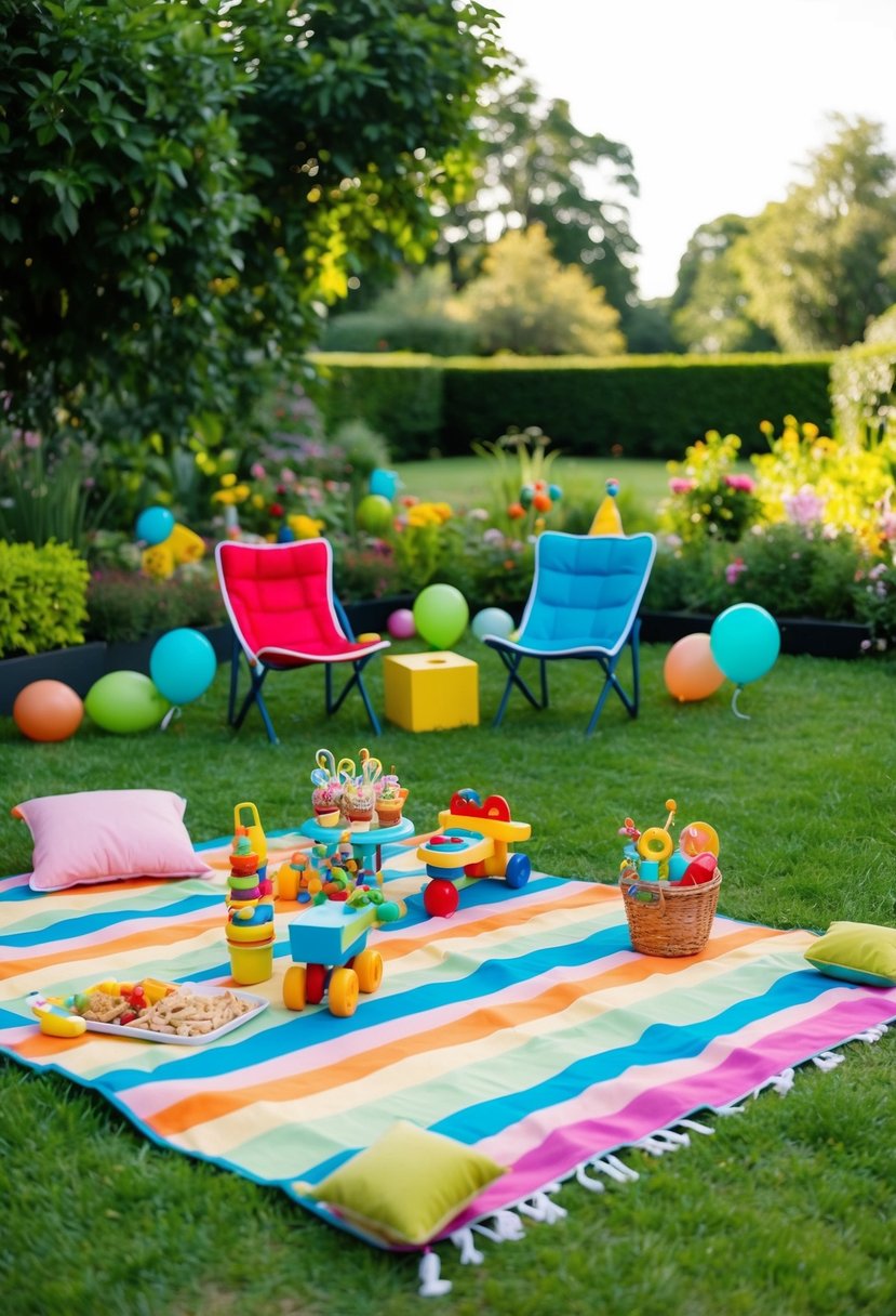 A colorful picnic blanket laid out in a lush garden, surrounded by toys and snacks, with small chairs and cushions for a 2-year-old's birthday party