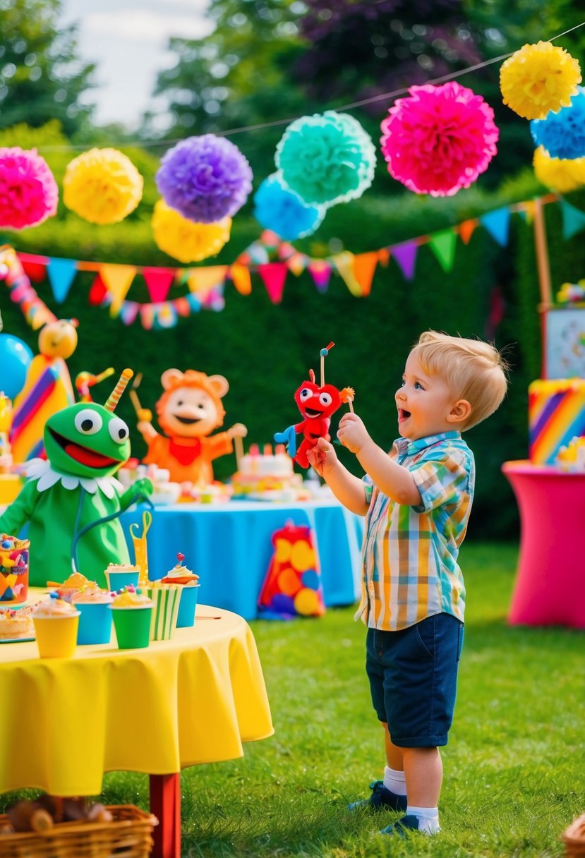 A colorful garden party with interactive puppet show for a 1st birthday celebration