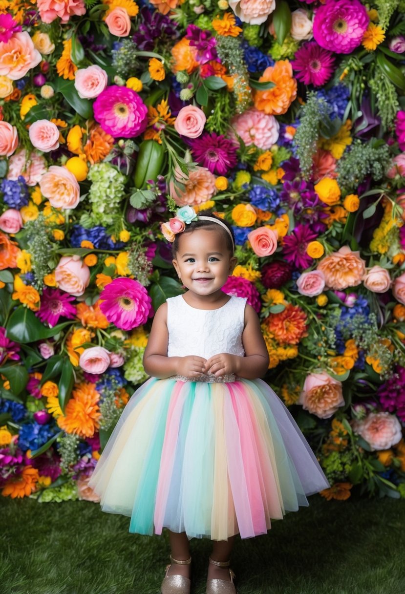 A colorful floral photo booth backdrop with a variety of flowers and greenery, creating a vibrant and whimsical garden party atmosphere for a 2-year-old