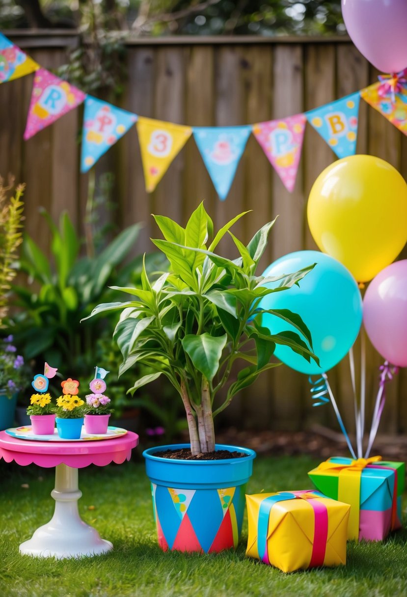 A colorful potted plant surrounded by whimsical garden party decorations, including bunting, balloons, and a small table set for a 3-year-old's celebration