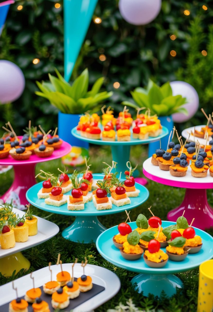A vibrant garden party with colorful, bite-sized gourmet finger foods displayed on elegant platters, surrounded by lush greenery and playful decor