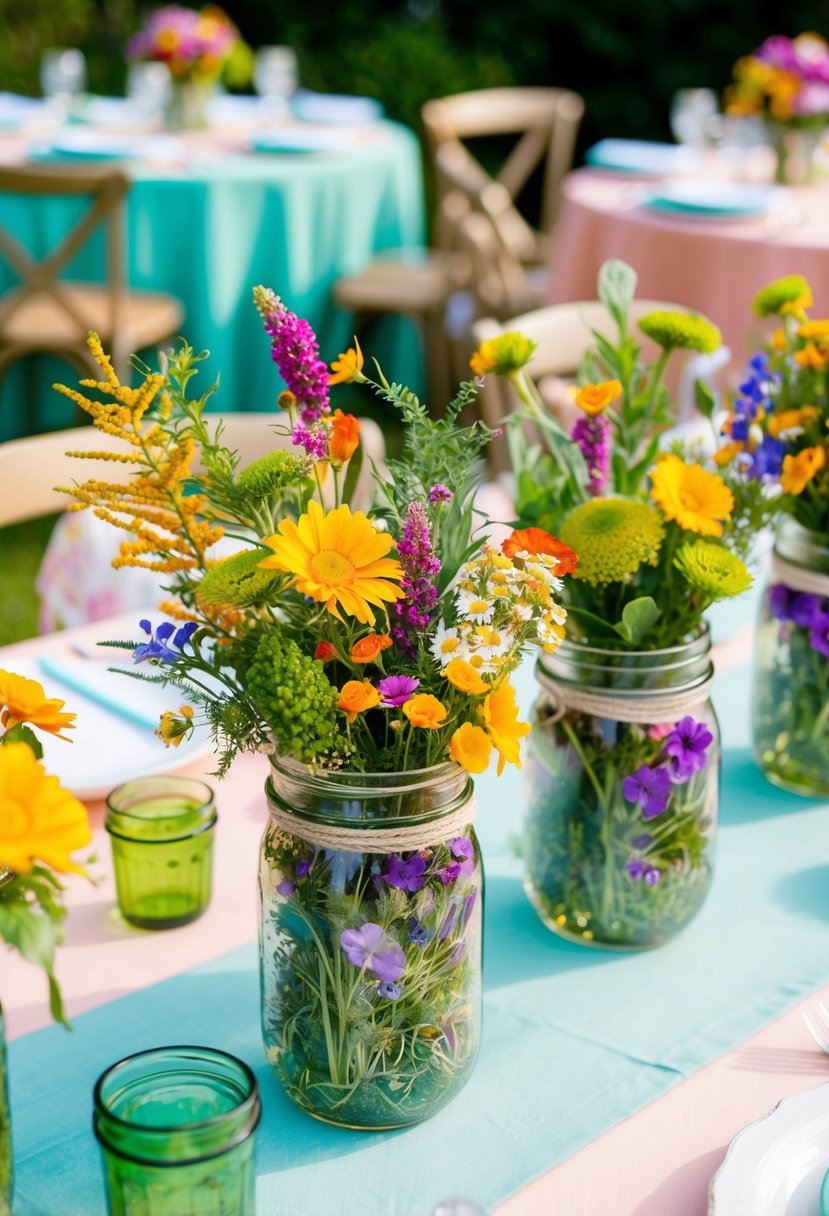 Mason jar centerpieces filled with colorful wildflowers and greenery adorn the tables at a whimsical garden party baby shower