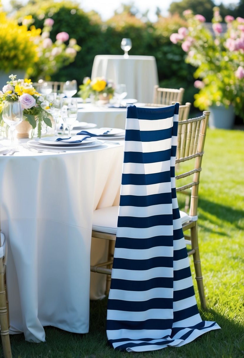 A sunny garden with a table set for a party, featuring a nautical striped midi dress draped over a chair, surrounded by blooming flowers and greenery