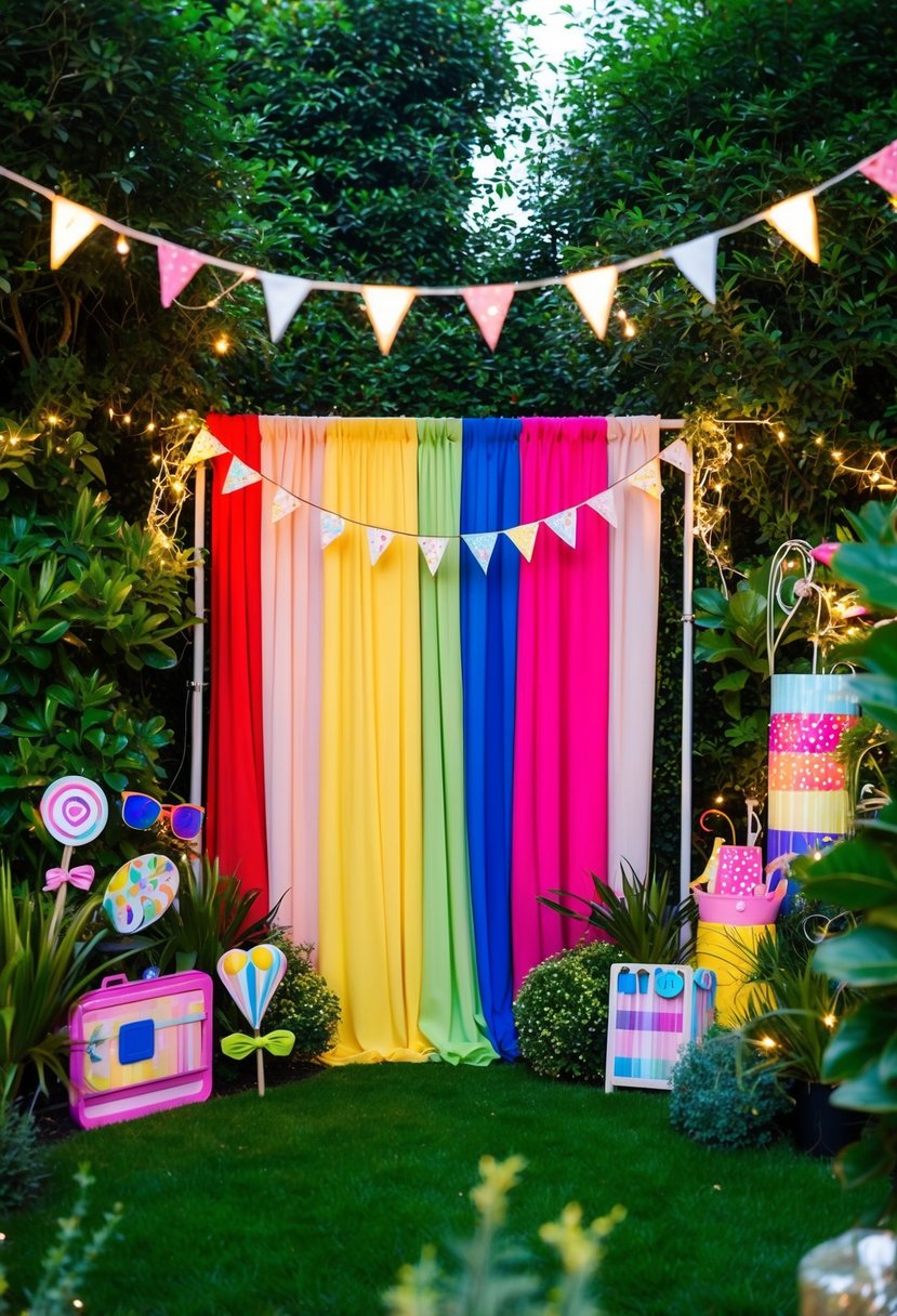 A vibrant garden with a colorful photo booth backdrop, surrounded by whimsical props and lush greenery. Fairy lights and bunting add a festive touch