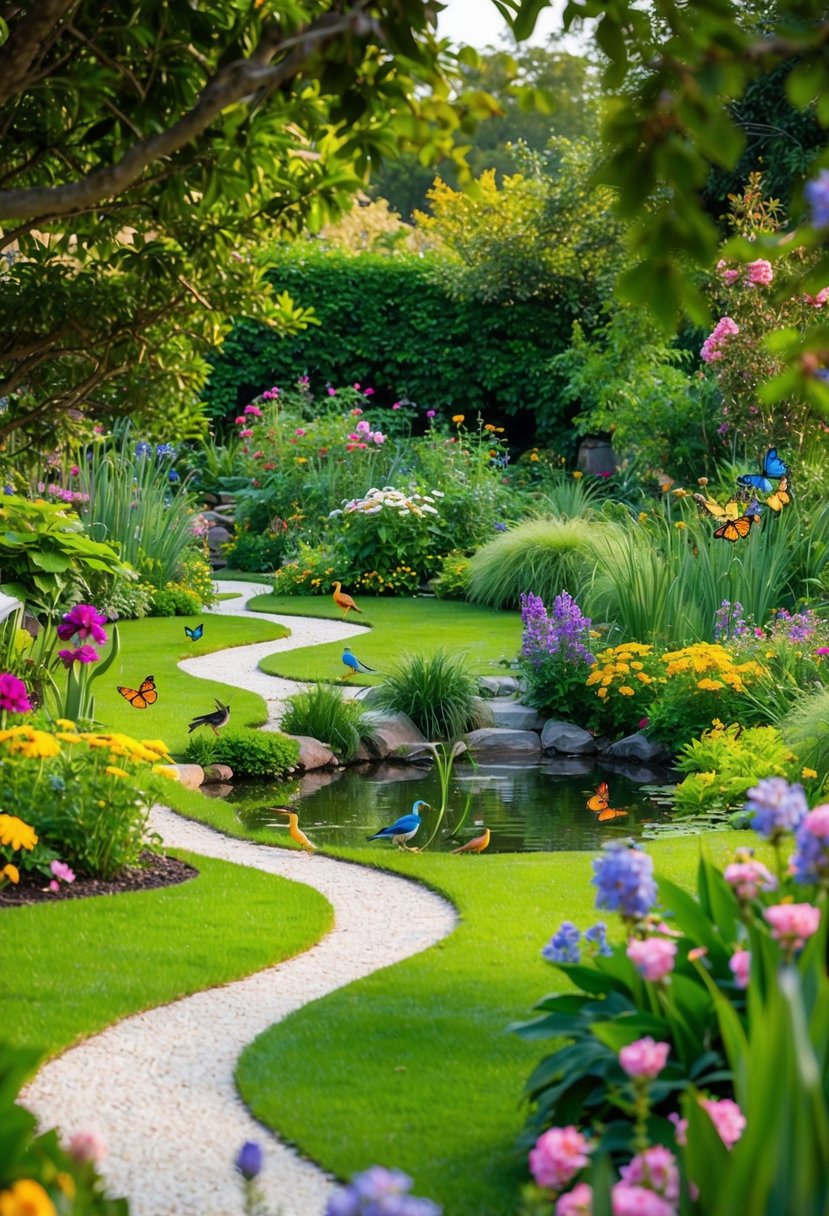 A serene garden with blooming flowers, lush greenery, and a winding path leading to a tranquil pond surrounded by colorful butterflies and chirping birds