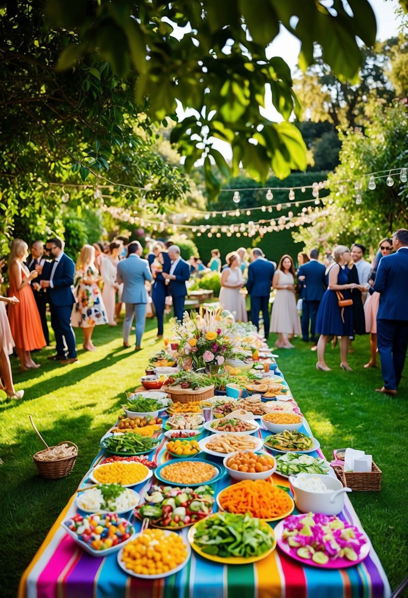 A colorful spread of food and drink blankets a lush garden, with guests mingling and playing games under the dappled sunlight