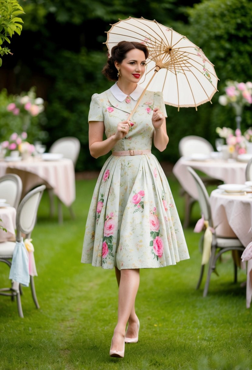 A woman in a vintage tea dress and kitten heels walks through a lush garden, holding a delicate parasol. Tables are set with floral china and pastel linens for a charming garden party