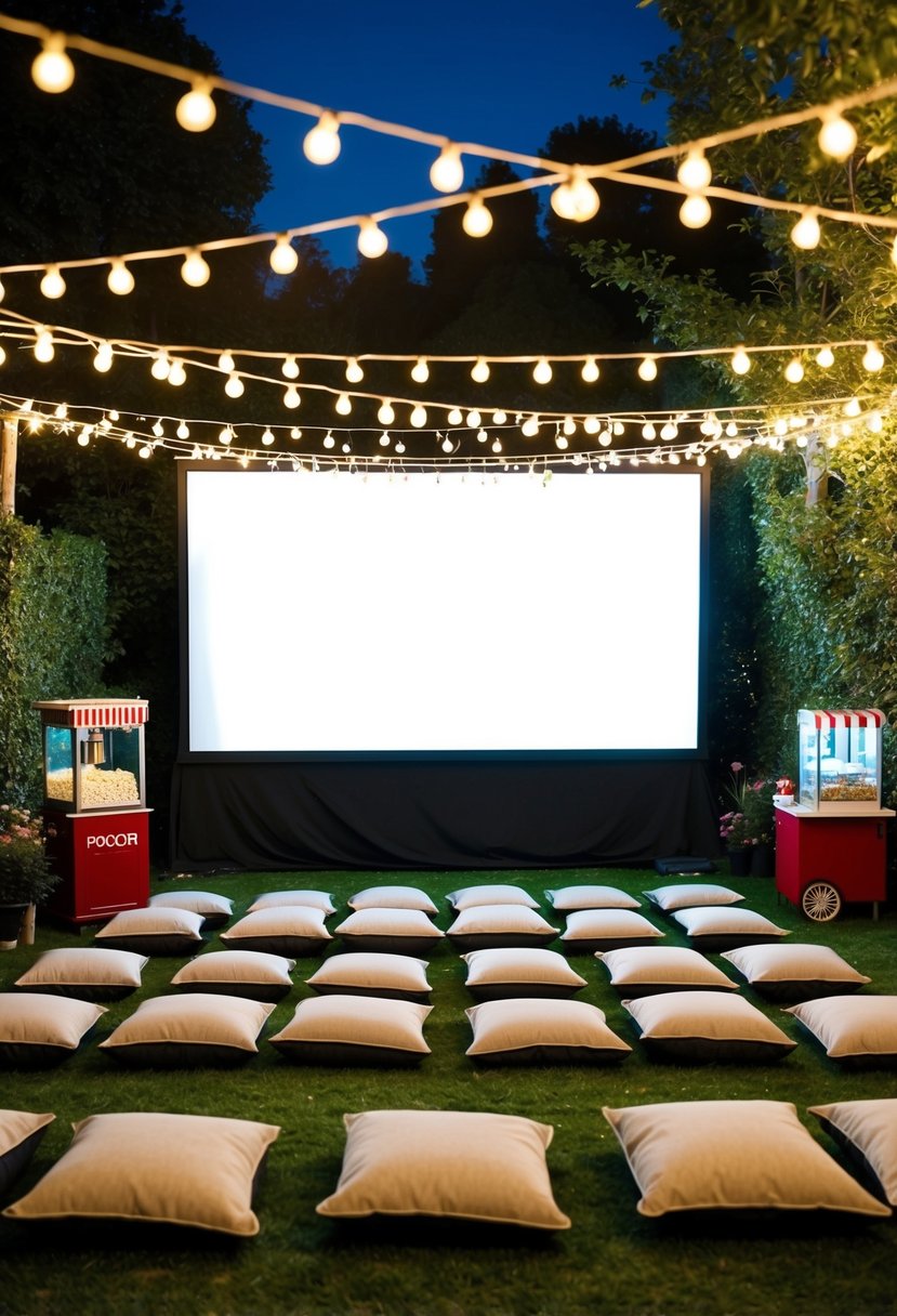 A cozy garden with twinkling string lights, a large screen, and rows of comfy seating arranged on the grass. A popcorn machine and refreshment stand add to the festive atmosphere