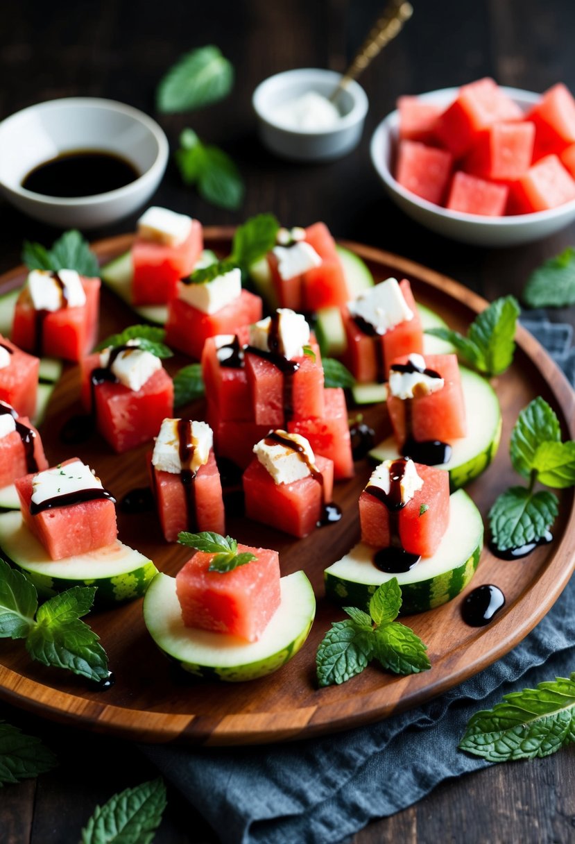 A colorful spread of watermelon feta bites on a wooden platter, surrounded by fresh mint leaves and garnished with a drizzle of balsamic glaze
