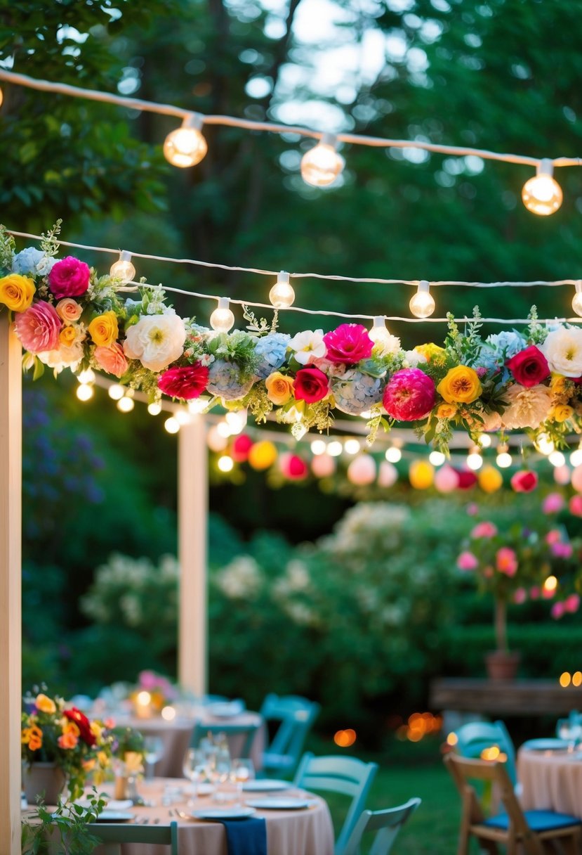 A garden adorned with colorful floral string lights for an engagement party