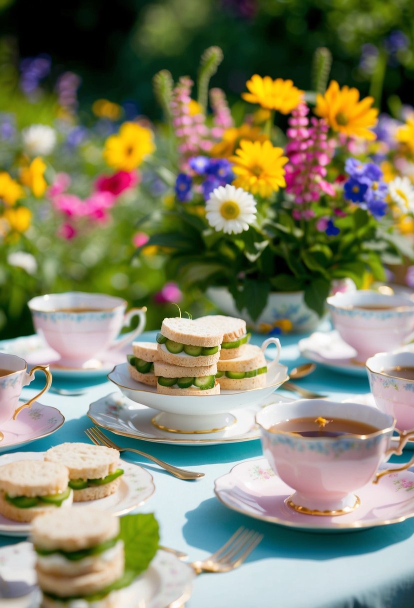 A table set with dainty cucumber sandwiches, surrounded by teacups and a colorful array of flowers in a sunny garden