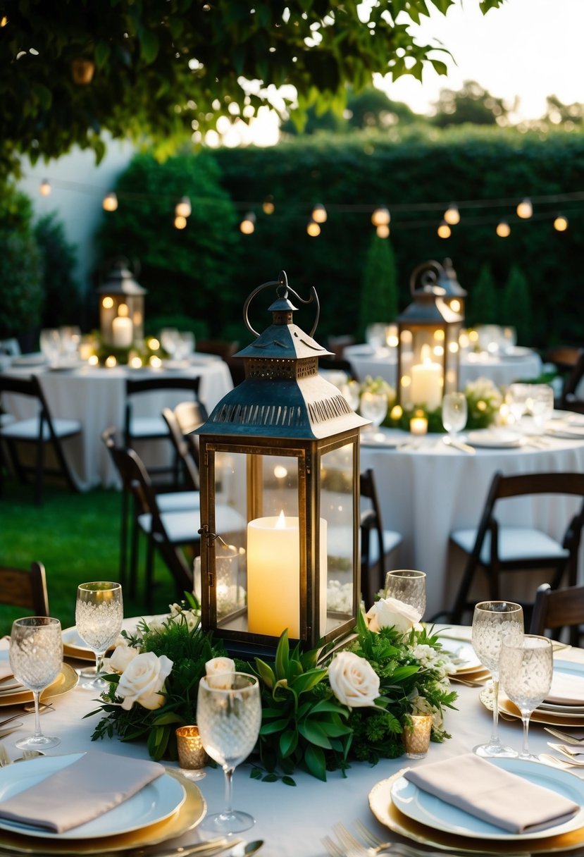 Antique lantern centerpieces adorn a lush garden, casting a warm glow over tables at an elegant engagement party