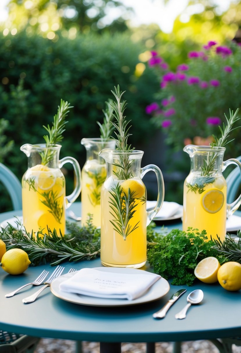 A garden table set with pitchers of rosemary lemonade, surrounded by fresh herbs and citrus fruits