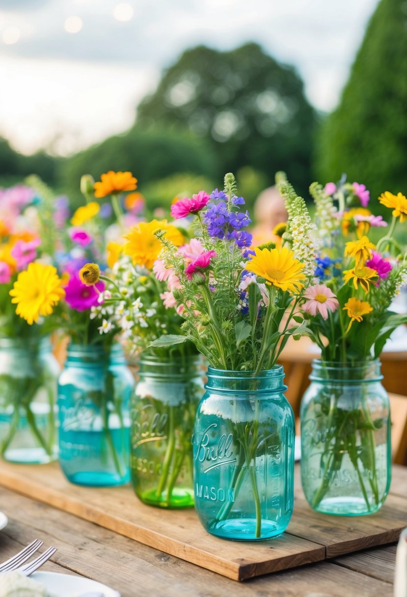 Colorful mason jar vases filled with wildflowers and placed on rustic wooden tables at a garden party engagement celebration