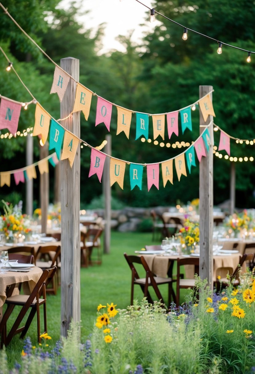 Colorful burlap banners flutter in the breeze, strung between wooden posts in a lush garden. Tables adorned with wildflowers and twinkling lights await guests