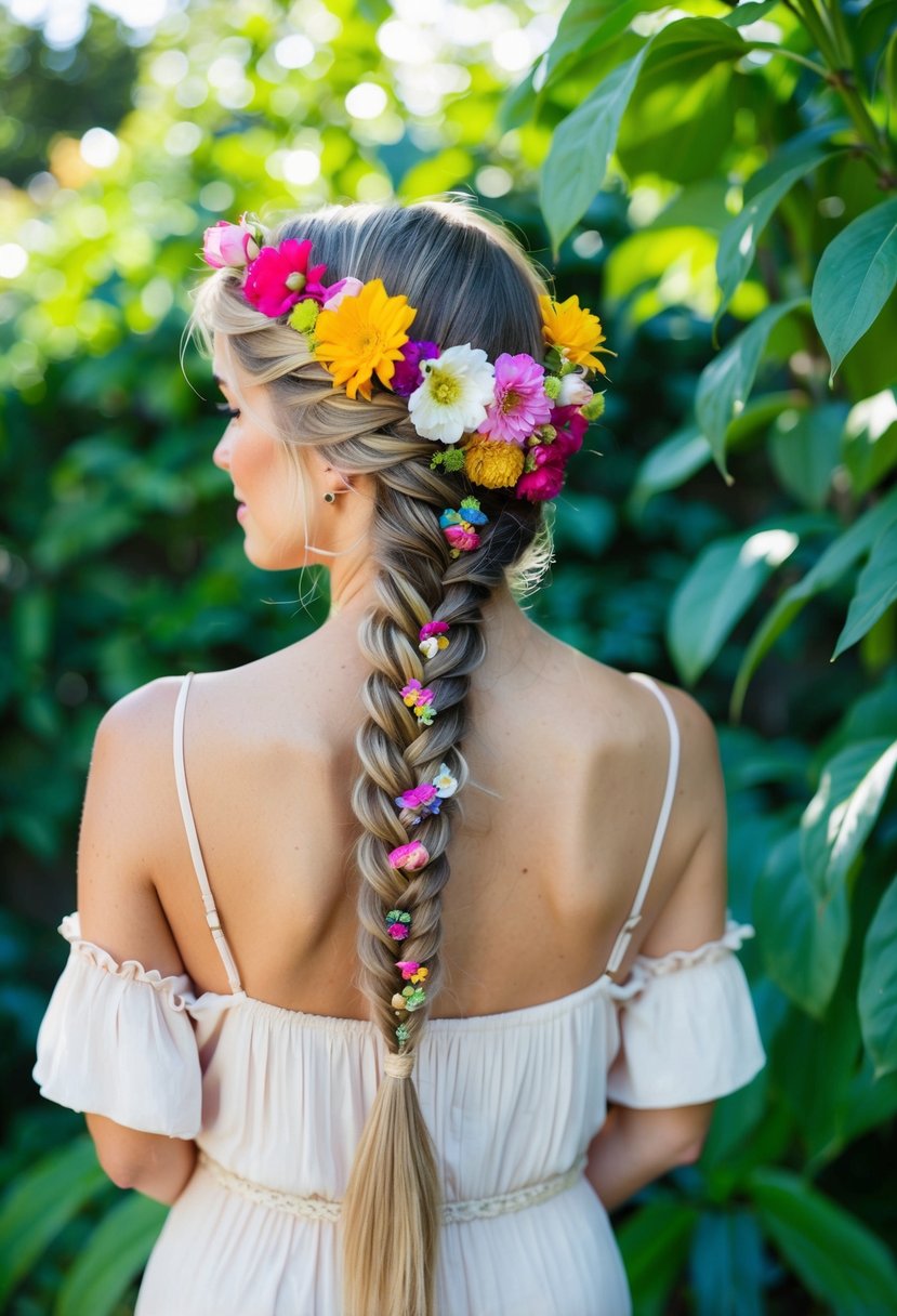 A woman's boho braid adorned with colorful fresh blooms, set against a lush garden backdrop with dappled sunlight filtering through the leaves