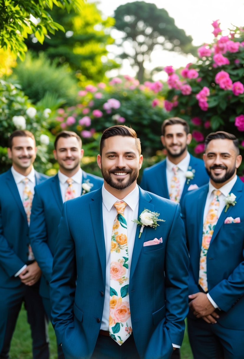 A group of groomsmen wearing floral print ties in a vibrant garden setting, surrounded by blooming flowers and lush greenery