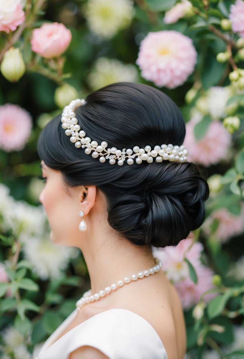 An elegant chignon adorned with pearls, set against a backdrop of blooming garden flowers and delicate foliage