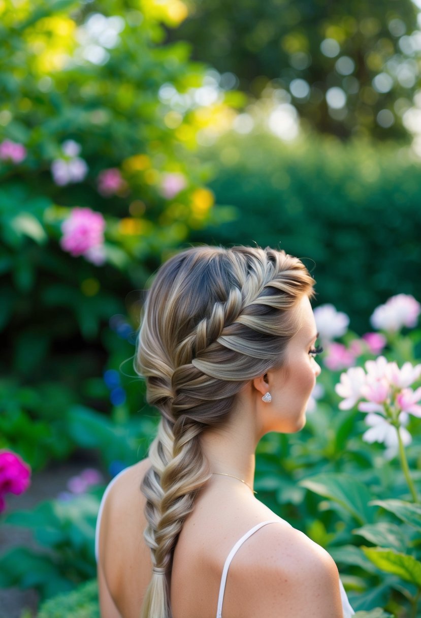 A serene garden setting with blooming flowers and lush greenery, featuring a half-up fishtail braid hairstyle