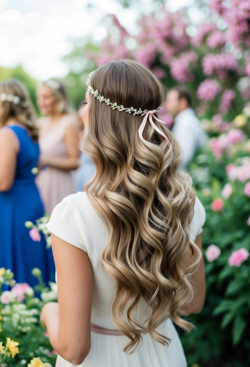 Soft curls cascading down, adorned with a delicate headband, set amidst a blooming garden party