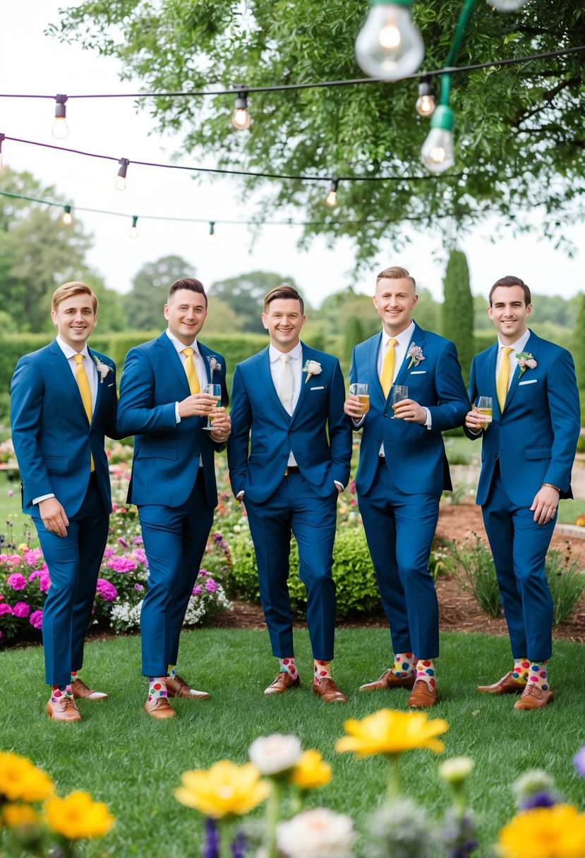 A colorful garden party with groomsmen wearing polka dot socks, surrounded by flowers and hanging lights