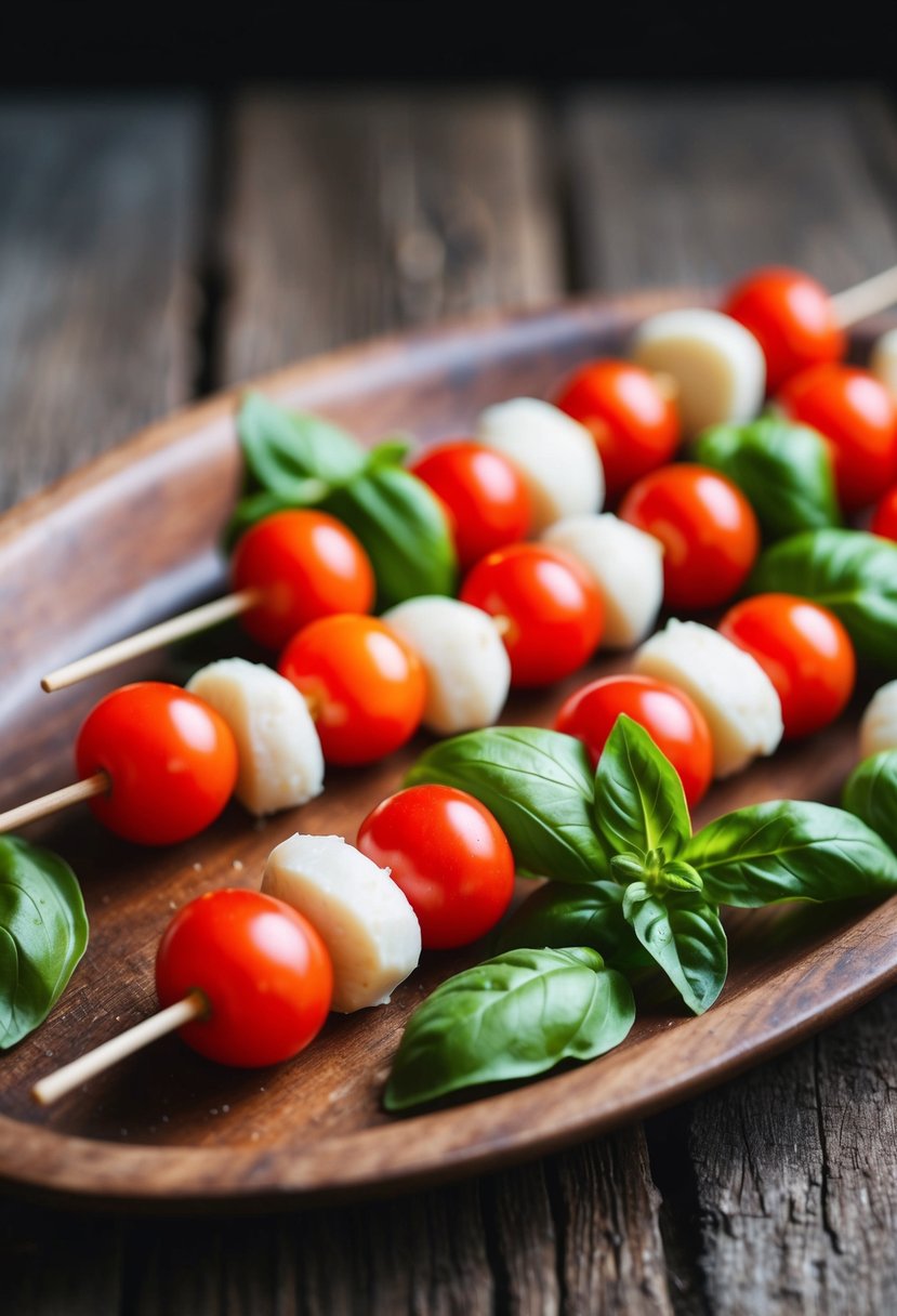 Fresh basil, ripe cherry tomatoes, and mozzarella balls skewered on wooden sticks, arranged on a rustic wooden platter