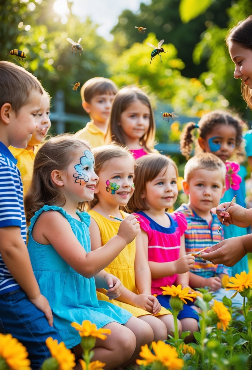A group of children gather in a colorful garden, eagerly awaiting their turn for face painting. The sun shines down on the vibrant flowers and buzzing insects, adding to the cheerful atmosphere