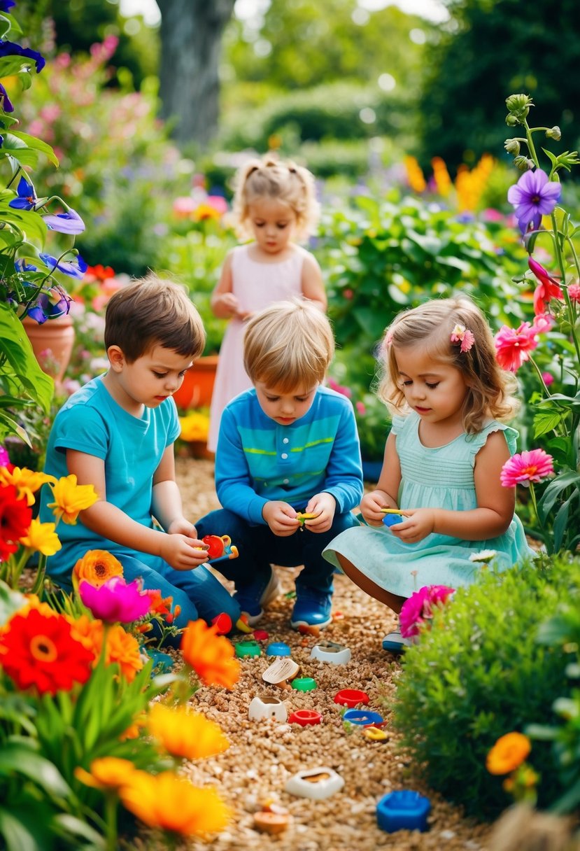 Children search for hidden treasures among colorful flowers and lush greenery in a whimsical garden