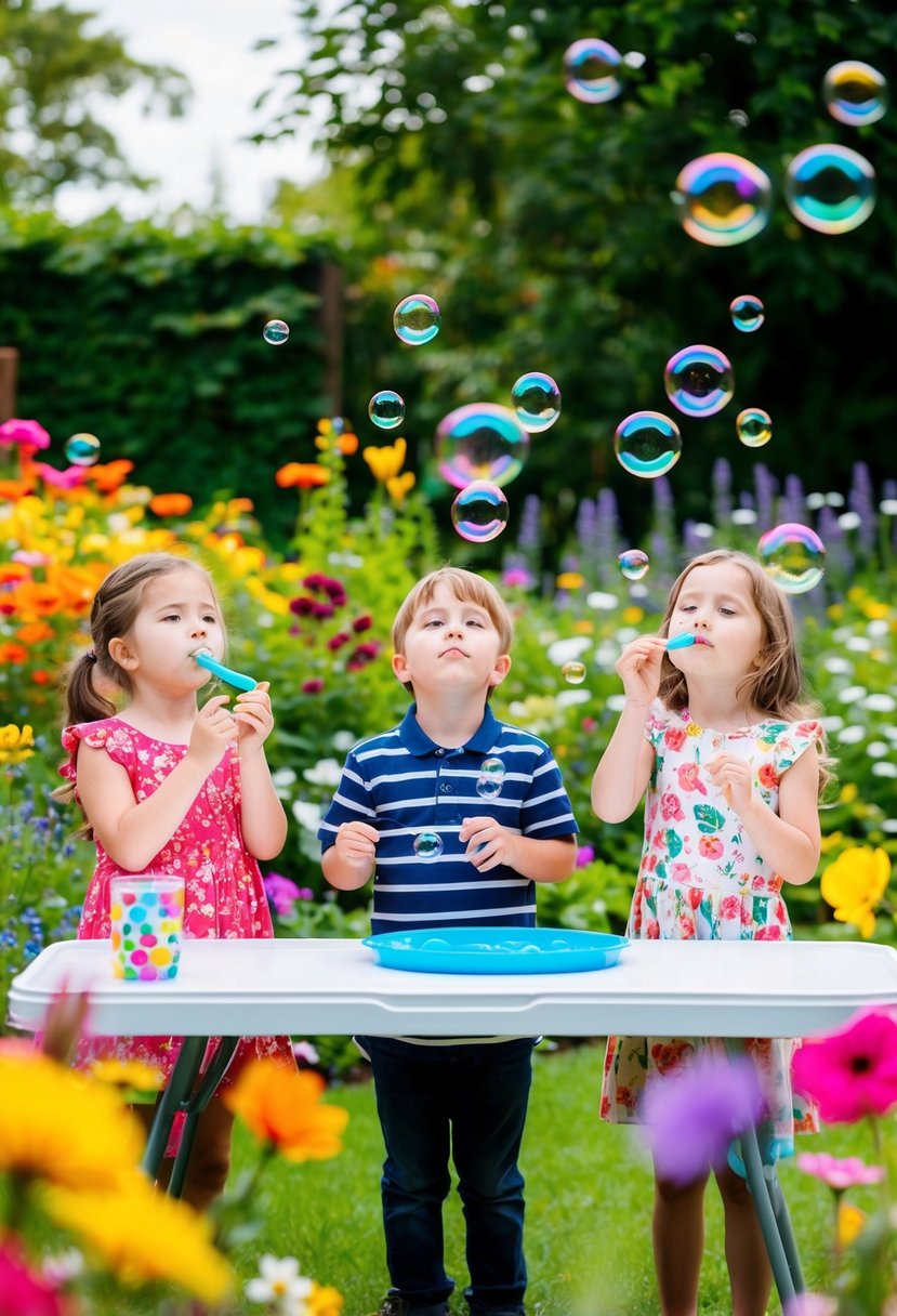 Children blowing bubbles in a garden filled with colorful flowers and greenery, with a table set up for bubble-making activities