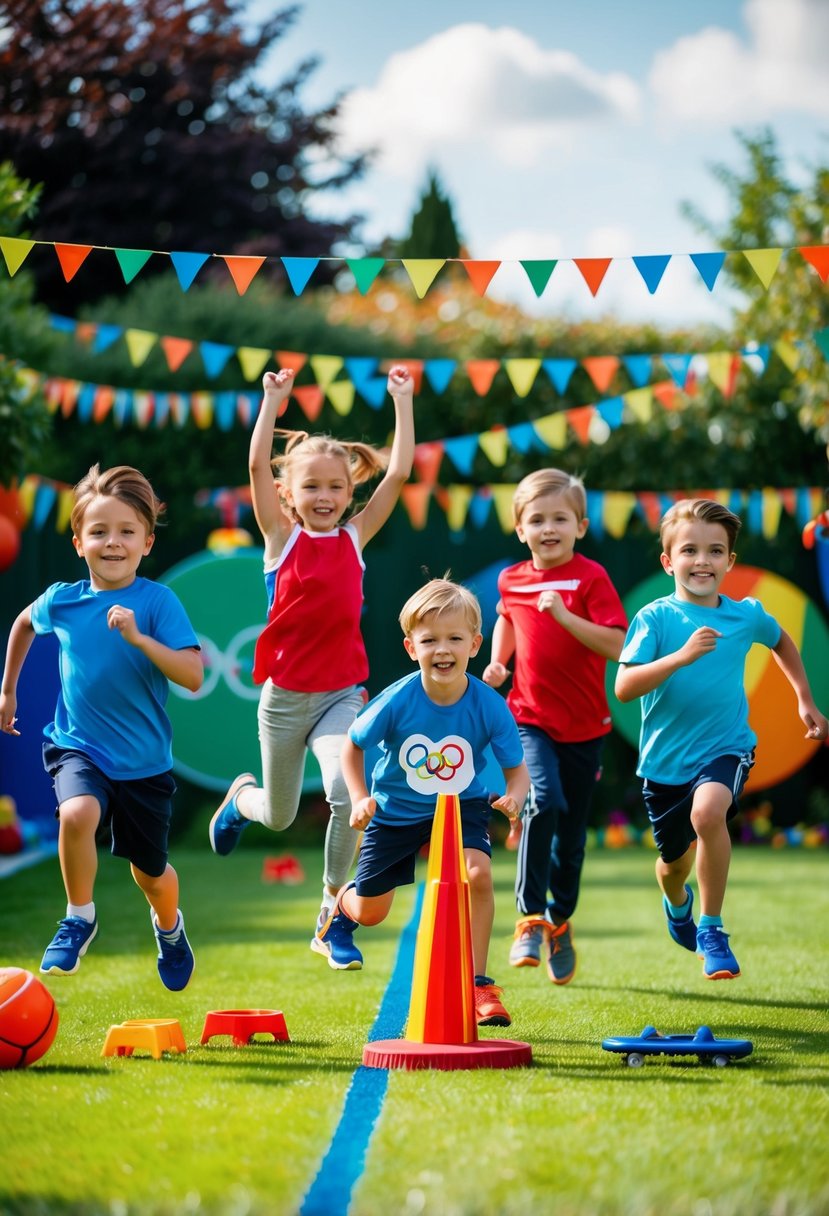 Kids racing, jumping, and playing various sports in a colorful garden setting with mini Olympic-themed decorations and equipment