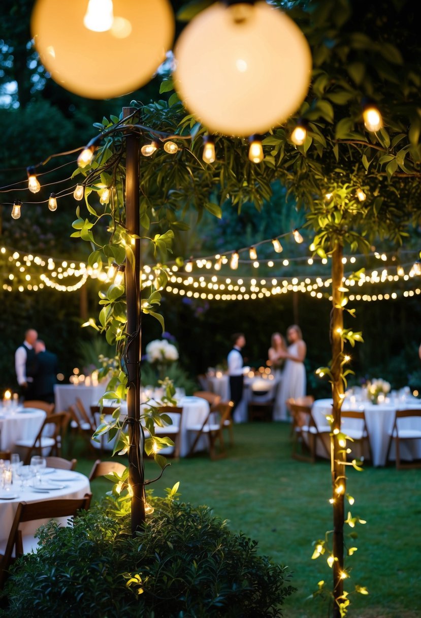 A lush garden adorned with solar-powered fairy lights, casting a warm and enchanting glow over the party space