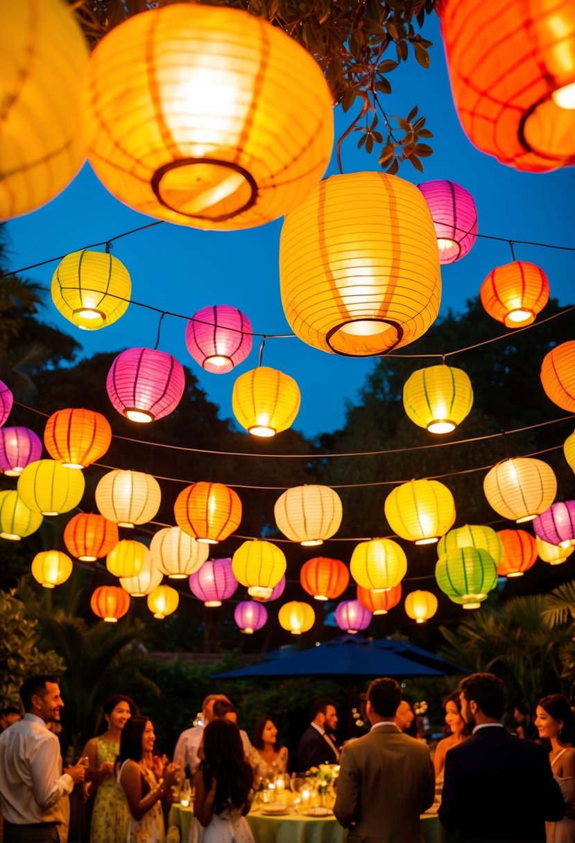 Colorful lanterns float above a lush garden, casting a warm glow on the party below
